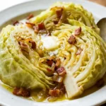 Skillet Southern fried cabbage with bacon garnished with herbs in a frying pan