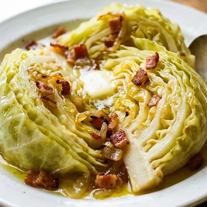 Skillet Southern fried cabbage with bacon garnished with herbs in a frying pan