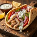 Slow cooker chicken gyros served with tzatziki sauce on a plate