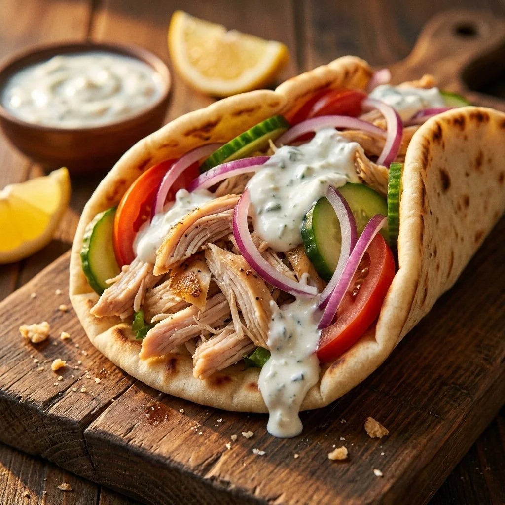 Slow cooker chicken gyros served with tzatziki sauce on a plate