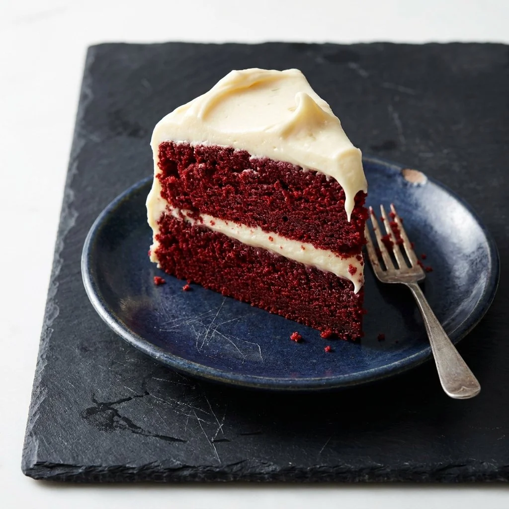 Delicious Southern Red Velvet Cake slice with cream cheese frosting