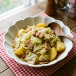 Bowl of Southern-Style Cabbage and Potatoes dish served with herbs