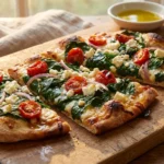 Spinach and Feta Flatbread Pizza topped with fresh ingredients on a crispy crust
