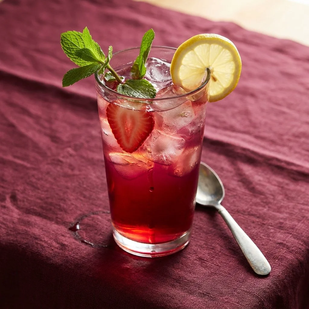 Refreshing strawberry hibiscus iced tea served over ice with fresh strawberries.