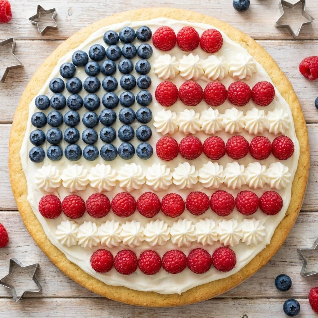 Colorful Sugar Cookie Flag Fruit Pizza topped with fresh fruit and whipped cream