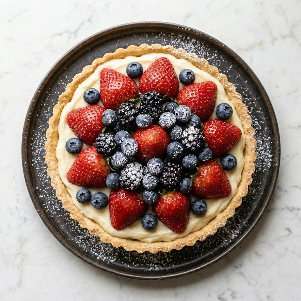 Summer Berry & Mascarpone Tuscan Tart topped with fresh berries