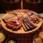 A delectable Texas-style smoked meat platter with various meats and sides.