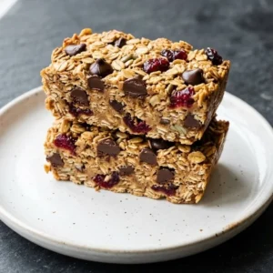 No-bake almond butter oat bars topped with nuts and chocolate in a bowl