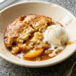 A delicious homemade canned peach cobbler served warm with ice cream.