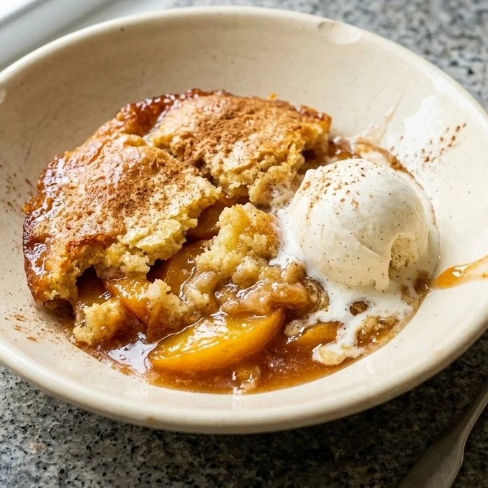 A delicious homemade canned peach cobbler served warm with ice cream.