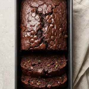 Fudgy chocolate zucchini bread slices on a wooden table