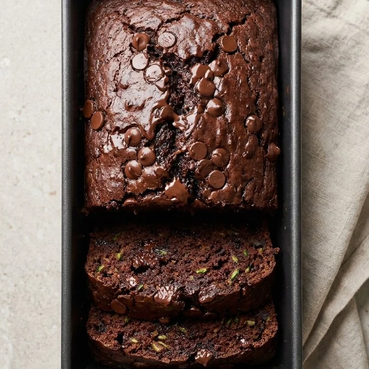 Fudgy chocolate zucchini bread slices on a wooden table