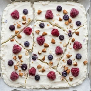 Frozen cottage cheese bark topped with fruits and nuts for a healthy dessert.