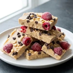 Frozen peanut butter yogurt bark topped with fruits and nuts