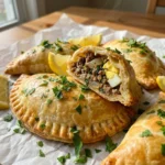 Delicious ground beef empanadas on a plate, garnished and ready to enjoy