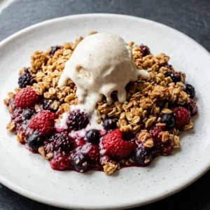 Healthy berry crisp topped with oats and nuts, served in a bowl