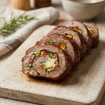 Matambre, traditional Argentinian stuffed flank steak with colorful fillings.