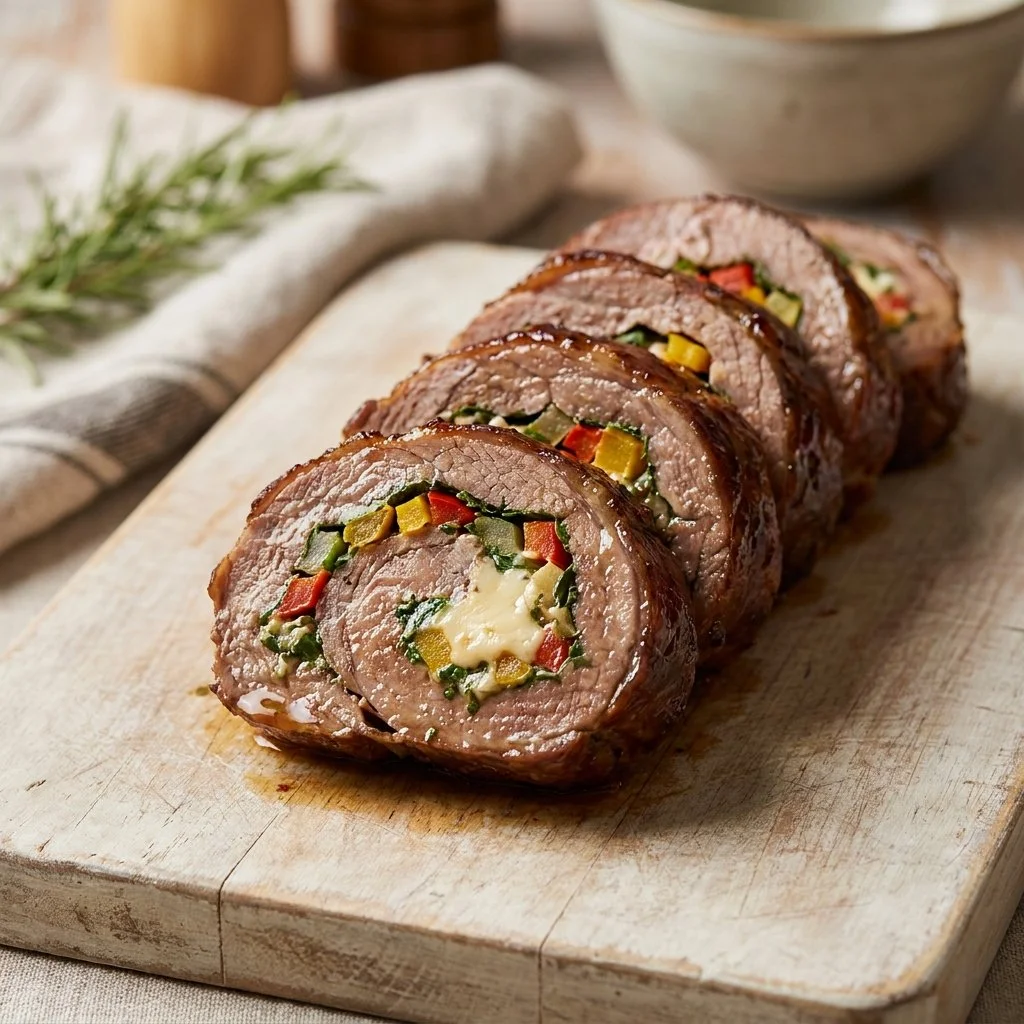 Matambre, traditional Argentinian stuffed flank steak with colorful fillings.