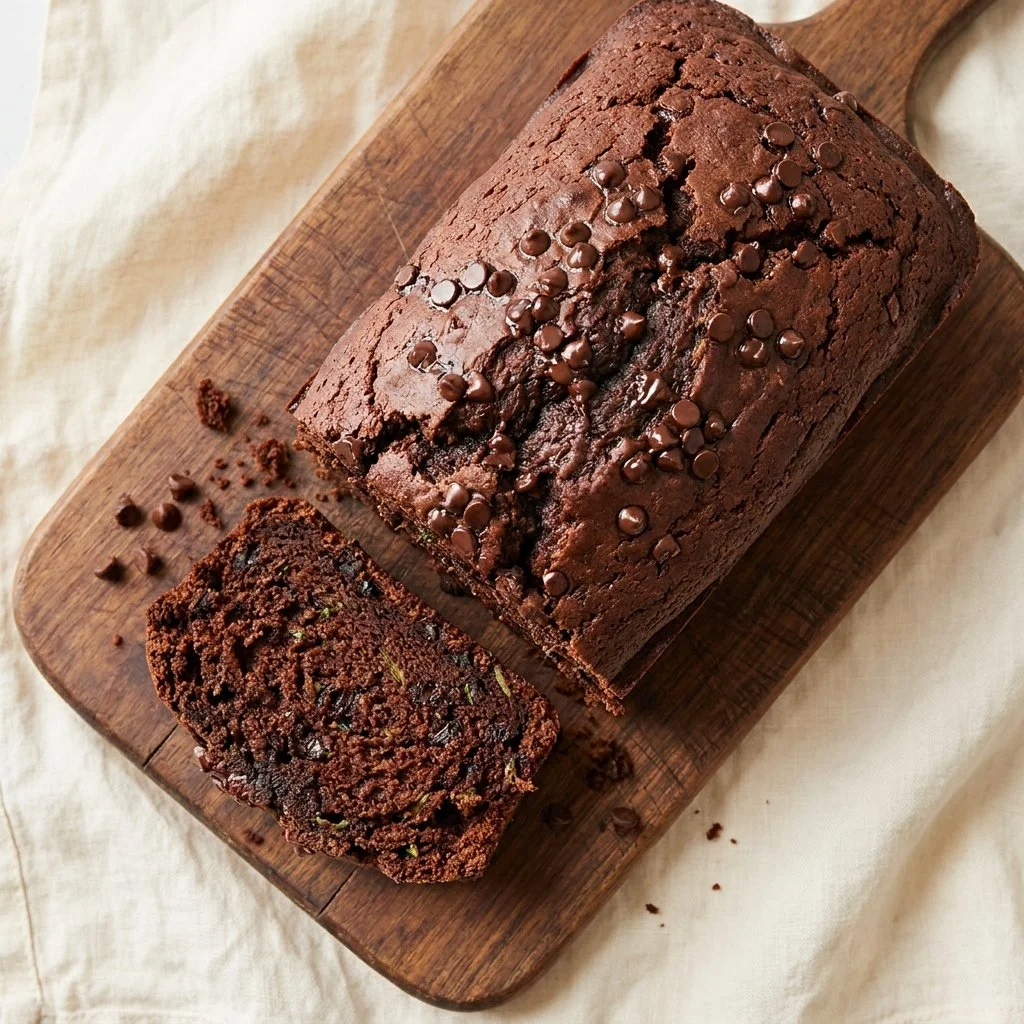 Delicious one-bowl chocolate zucchini bread topped with mini chocolate chips.