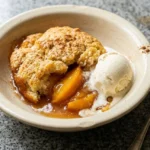 Delicious peach cobbler made with cake mix, topped with fresh peaches.