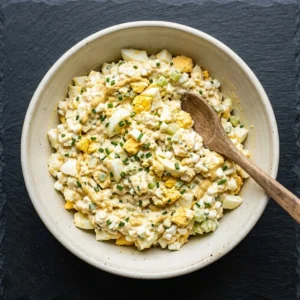 Healthy cottage cheese egg salad served in a bowl with fresh ingredients