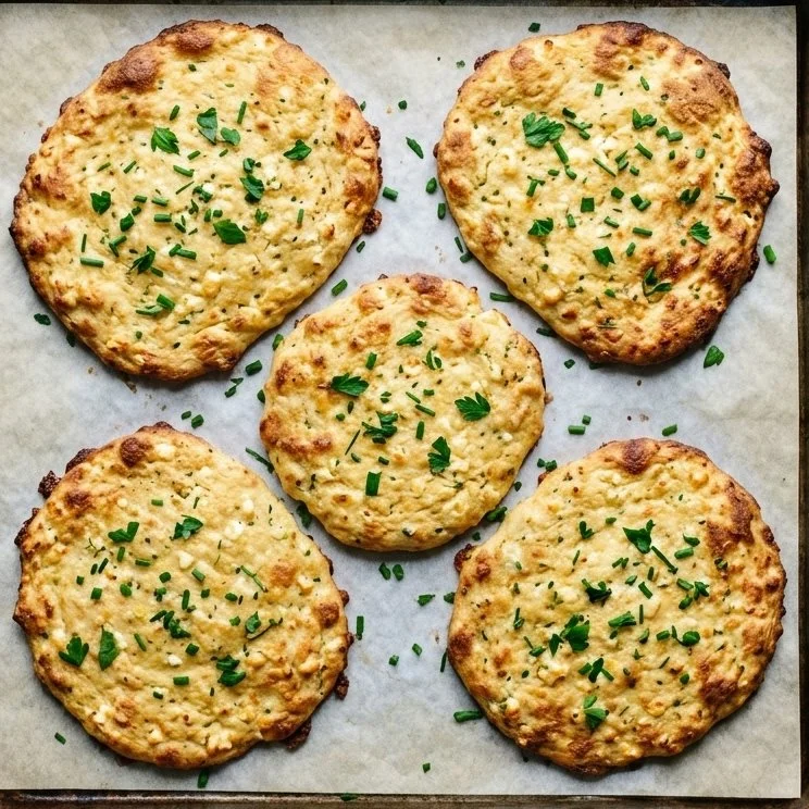 Homemade flatbread topped with cottage cheese and eggs, fresh out of the oven.