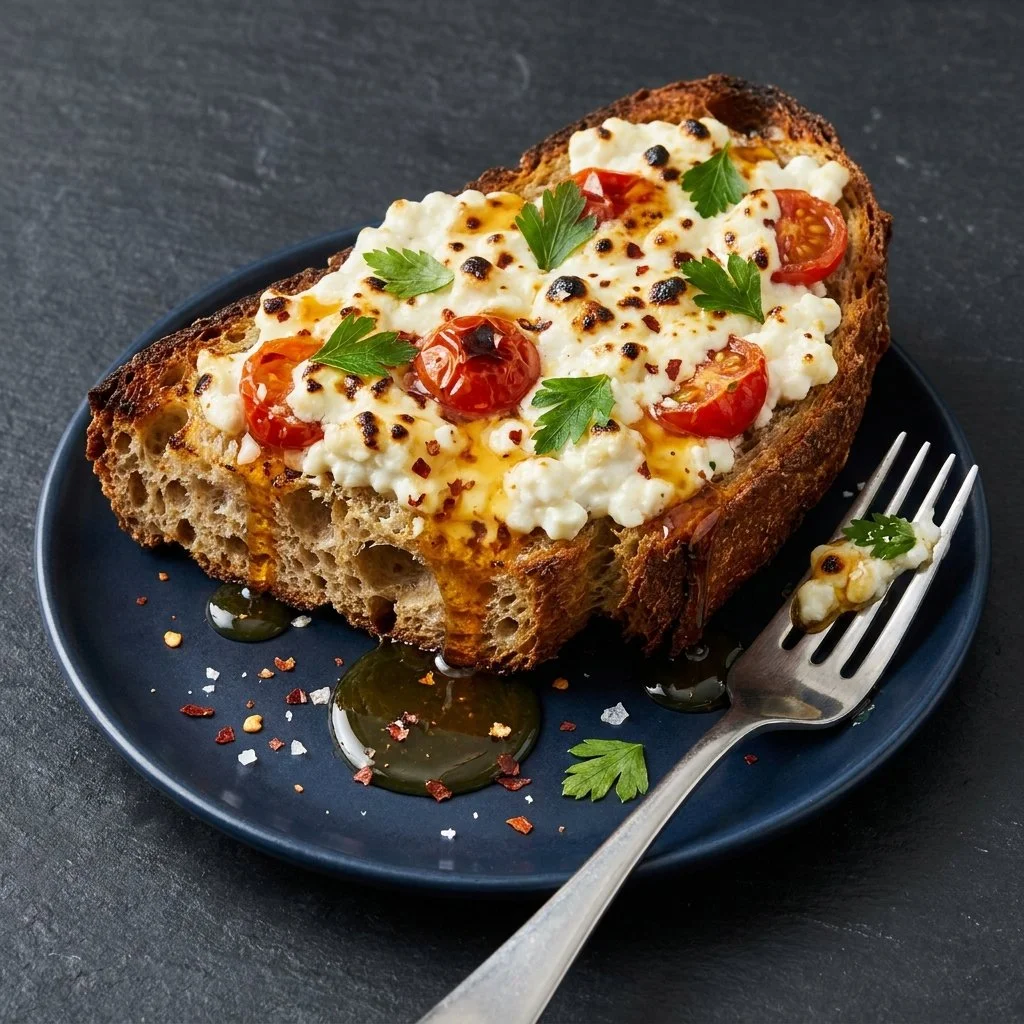 Delicious air fryer cottage cheese toast topped with fresh herbs