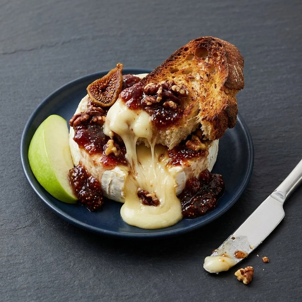 Baked Brie topped with fig jam on a wooden serving board