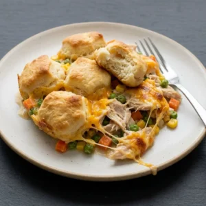 Delicious Chicken Bubble Biscuit Bake casserole topped with golden biscuits.