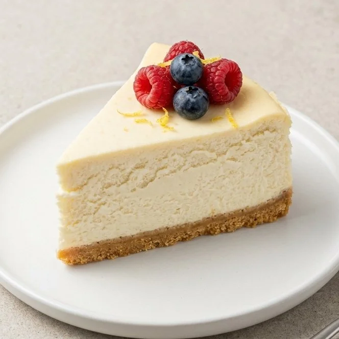 Creamy cottage cheese cheesecake slice garnished with berries on a plate
