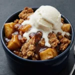 Delicious cozy apple crisp topped with oats and cinnamon