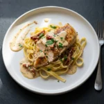 Creamy sun-dried tomato chicken dish served on a plate, garnished with herbs.