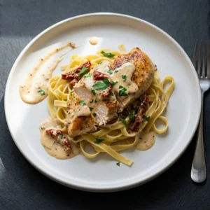 Creamy sun-dried tomato chicken dish served on a plate, garnished with herbs.