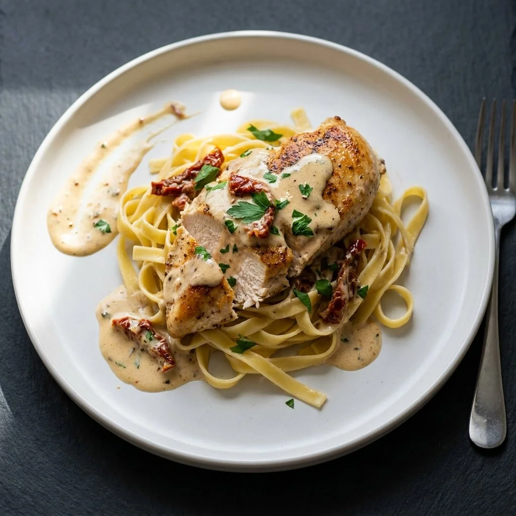 Creamy sun-dried tomato chicken dish served on a plate, garnished with herbs.