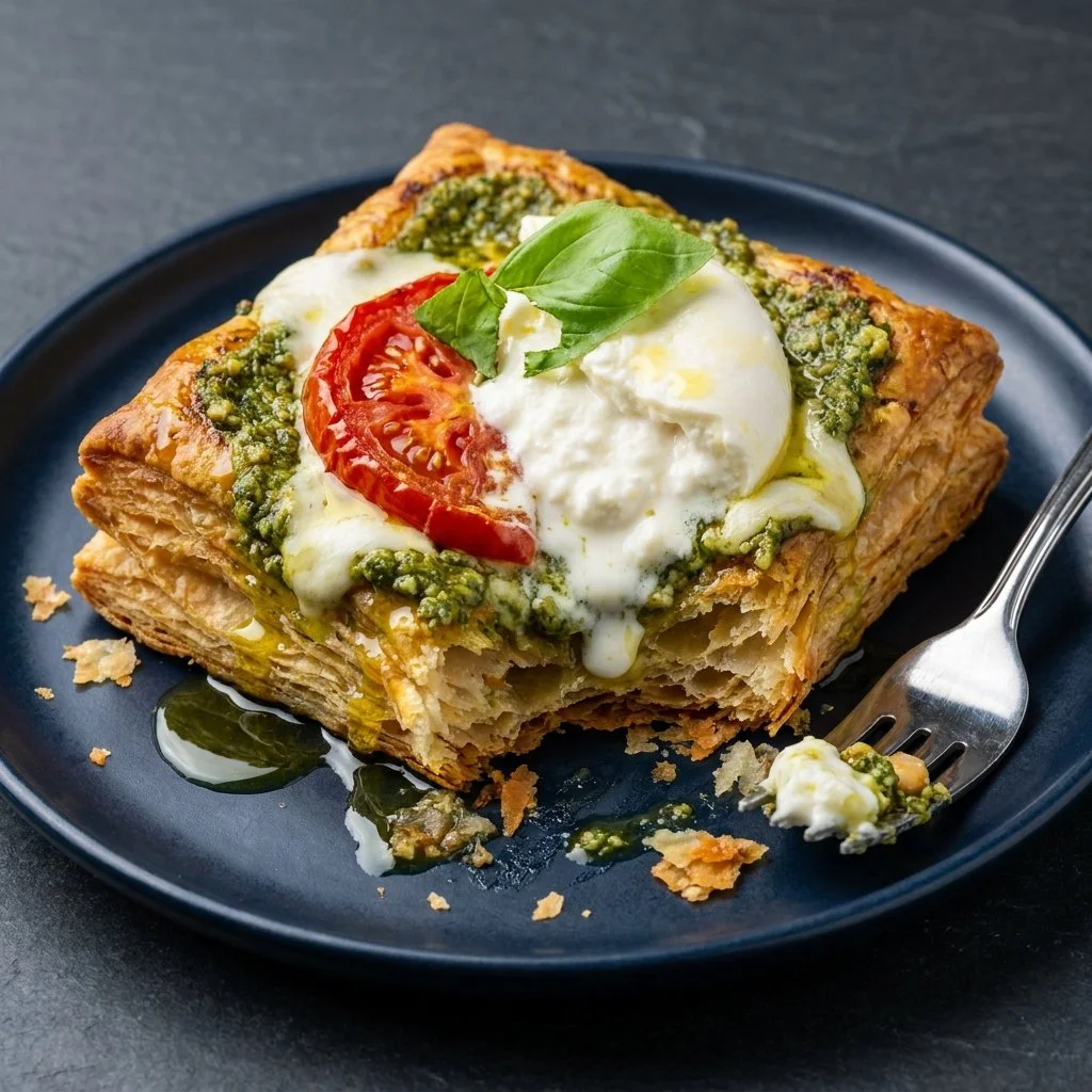 Delicious easy tomato pesto puff pastry tart ready to serve