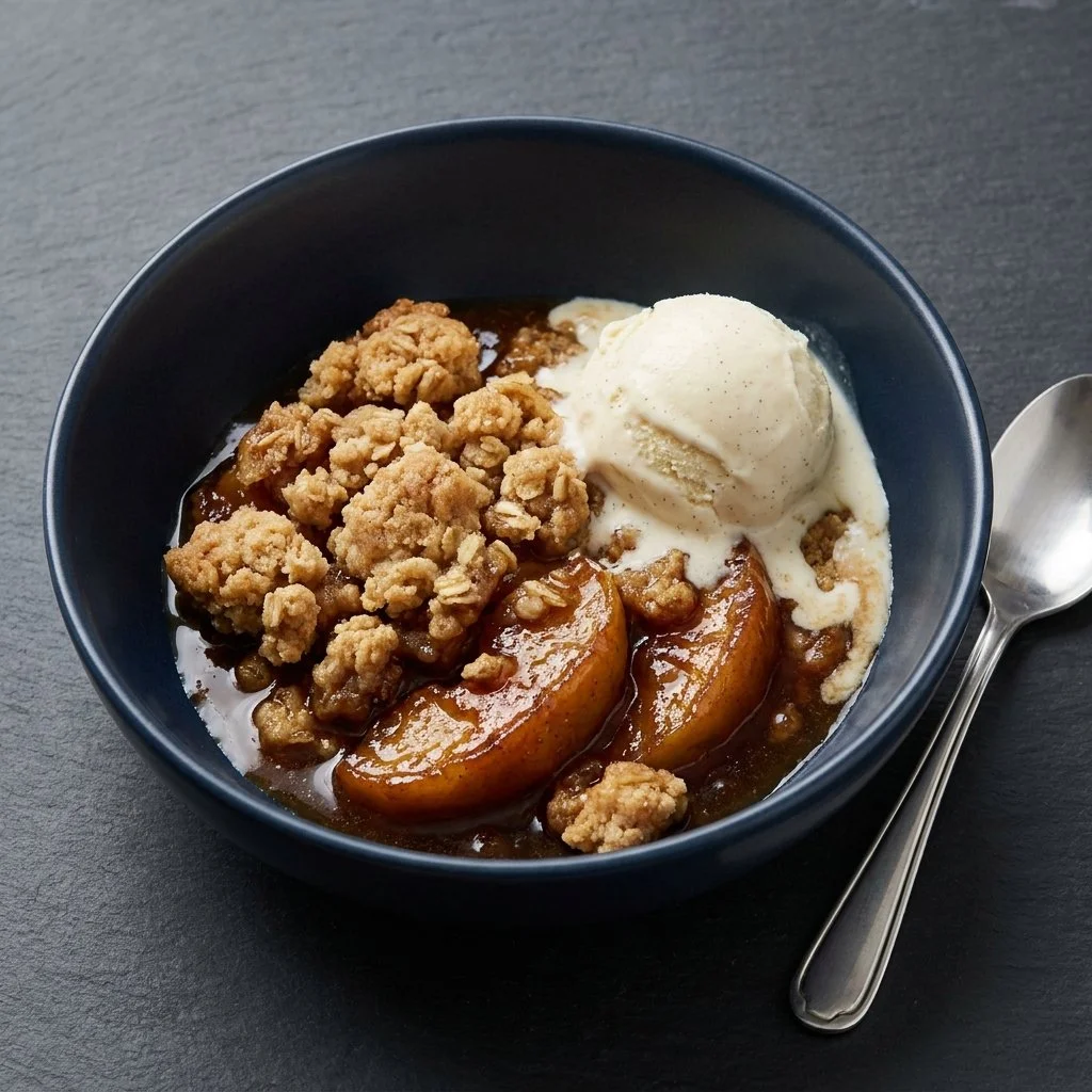 Healthy breakfast apple crumble topped with oats and nuts
