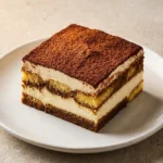 Healthy tiramisu dessert made with Greek yogurt and mascarpone, served on a plate.