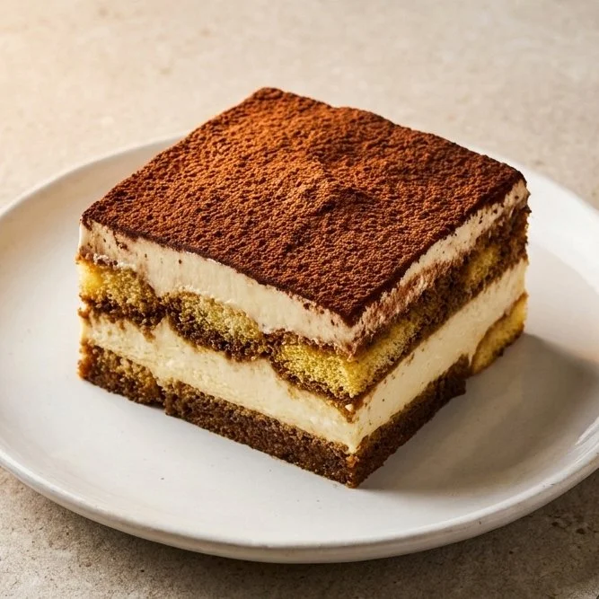 Healthy tiramisu dessert made with Greek yogurt and mascarpone, served on a plate.