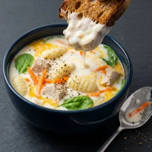 Bowl of Instant Pot Chicken Gnocchi Soup with fresh herbs and a creamy texture.
