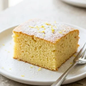 Fluffy flourless Lemon Yogurt Cake on a white plate with lemon slices
