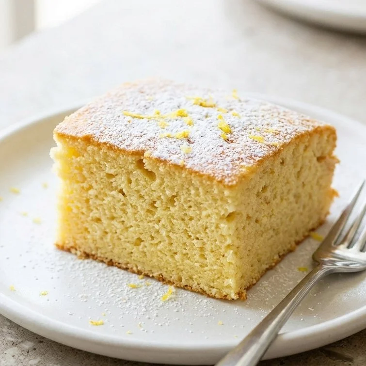Fluffy flourless Lemon Yogurt Cake on a white plate with lemon slices