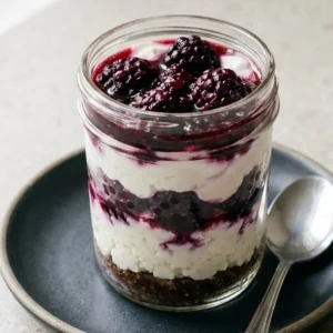 No-Bake Blackberry Cottage Cheese Dessert Cups topped with fresh blackberries