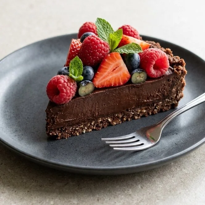 Delicious no-bake chocolate berry tart topped with fresh berries