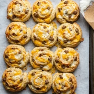 Golden brown sausage cheddar biscuits on a plate, perfect for breakfast.