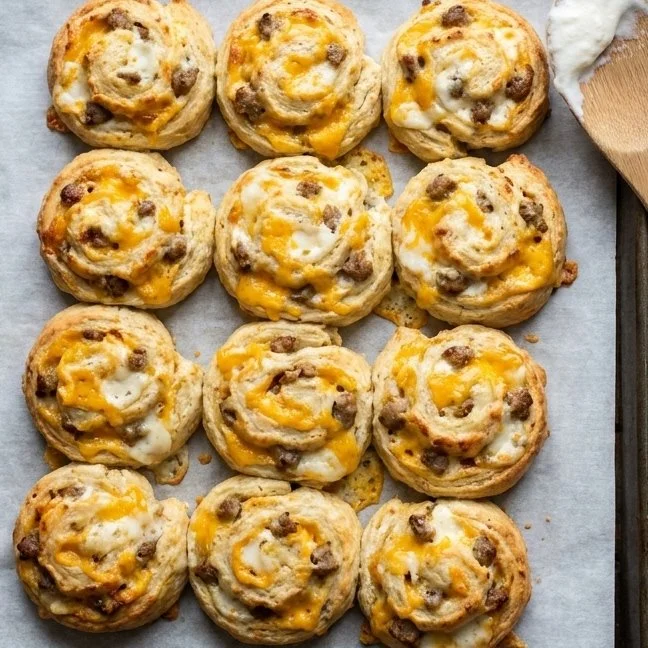 Golden brown sausage cheddar biscuits on a plate, perfect for breakfast.