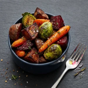 Plate of savory fall roasted vegetables including carrots, Brussels sprouts, and potatoes.