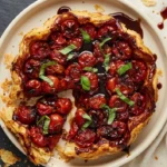 Savory tarte tatin topped with caramelized cherry tomatoes.