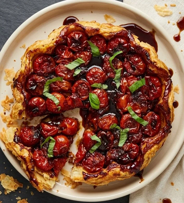 Savory tarte tatin topped with caramelized cherry tomatoes.