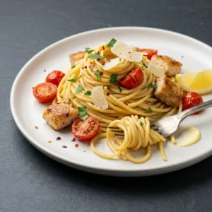 Simple garlic butter chicken pasta dish with herbs and ingredients