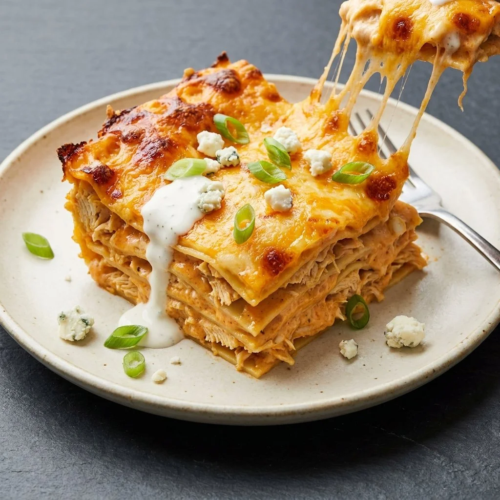 Cheesy Buffalo Ranch Chicken Lasagna topped with a creamy sauce and baked to perfection